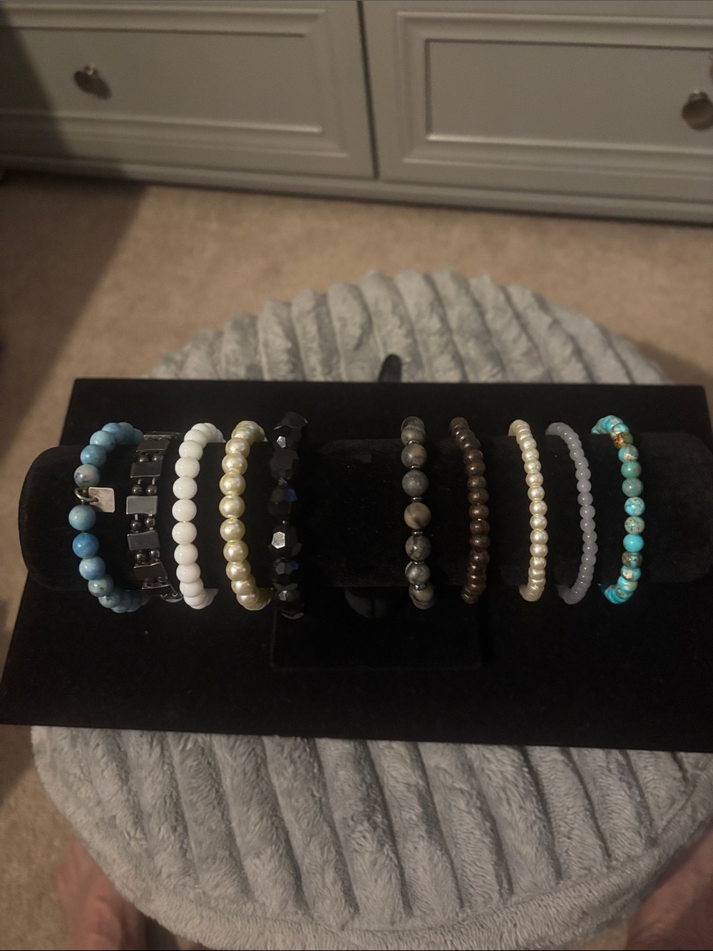 Mixed Bead Stretchy Bracelet Set - Blue, White, Black, Brown, Pearl